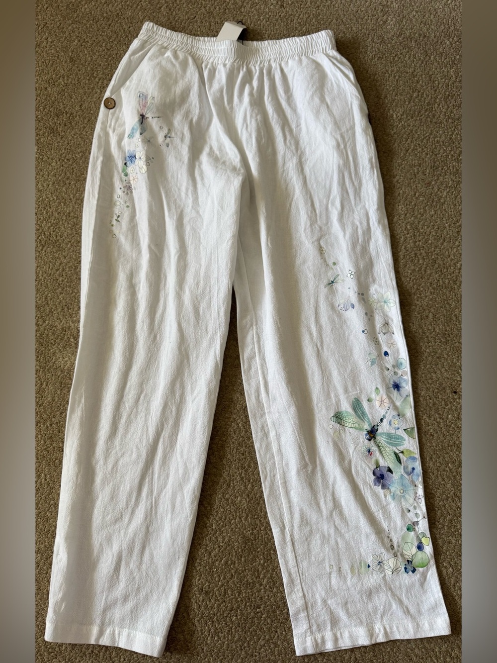 NWT New Noracora White Lightweight Dragonfly Print Wide Leg Pants Large L